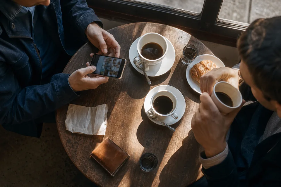 Overhead view of a cafe table with hands holding a phone, coffee cups and a croissant