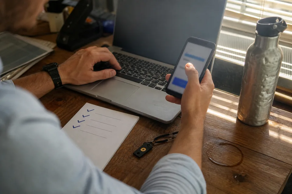 Close detail of an operations manager's hands granting agency access: one hand on a laptop trackpad, the other holding a phone with an approval prompt and a printed access checklist with ticks