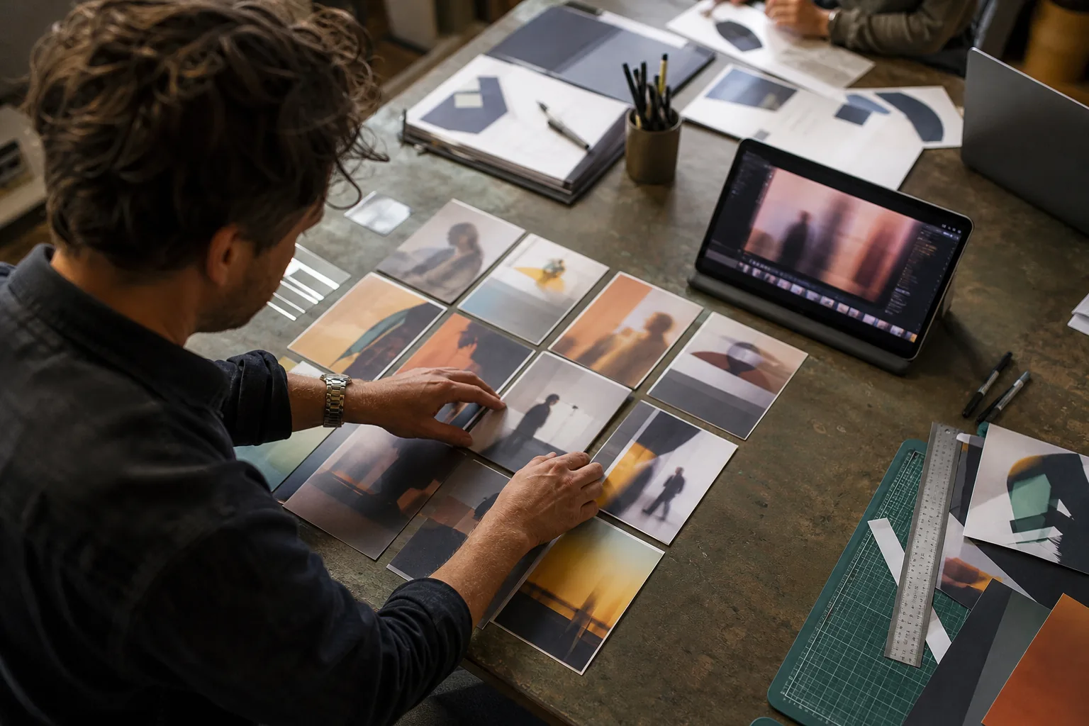 View down onto a studio worktable where a designer lays out printed ad variations next to a tablet and markers