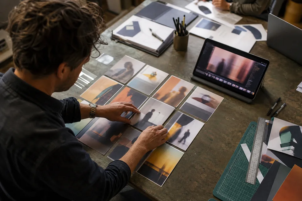 View down onto a studio worktable where a designer lays out printed ad variations next to a tablet and markers