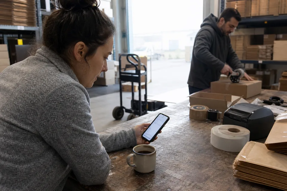 A founder reads a short weekly note on her phone at the packing bench of her small warehouse while a colleague seals shipping boxes behind her